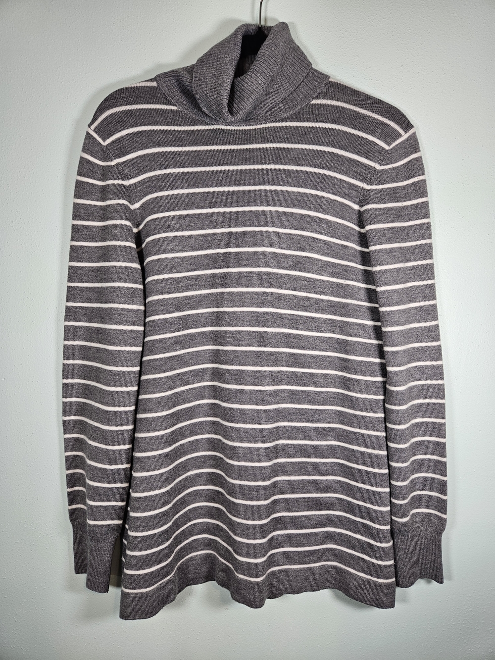 French Connection Gray and Cream Striped Turtleneck Sweater